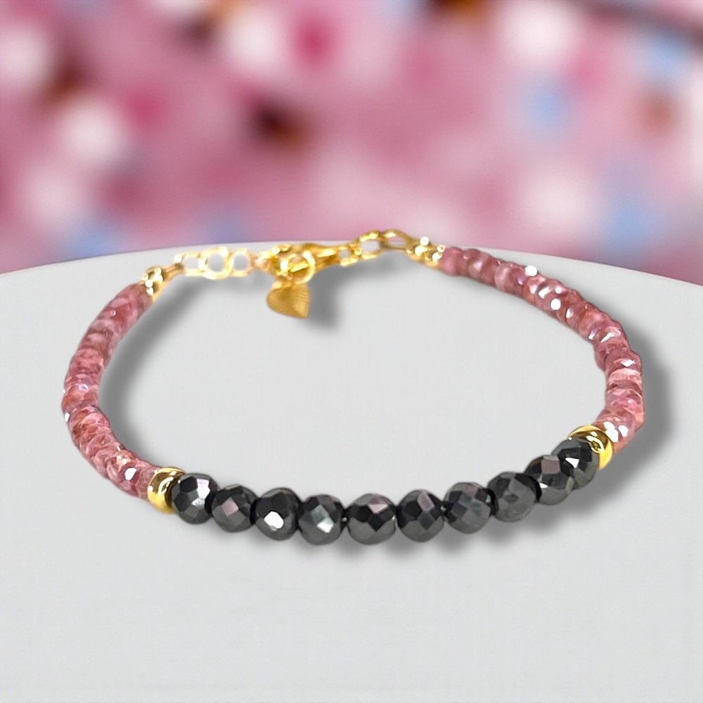 Handmade Ruby and Black Diamond Bracelet 14k Yellow Gold Filled (6.9" – 7.5")